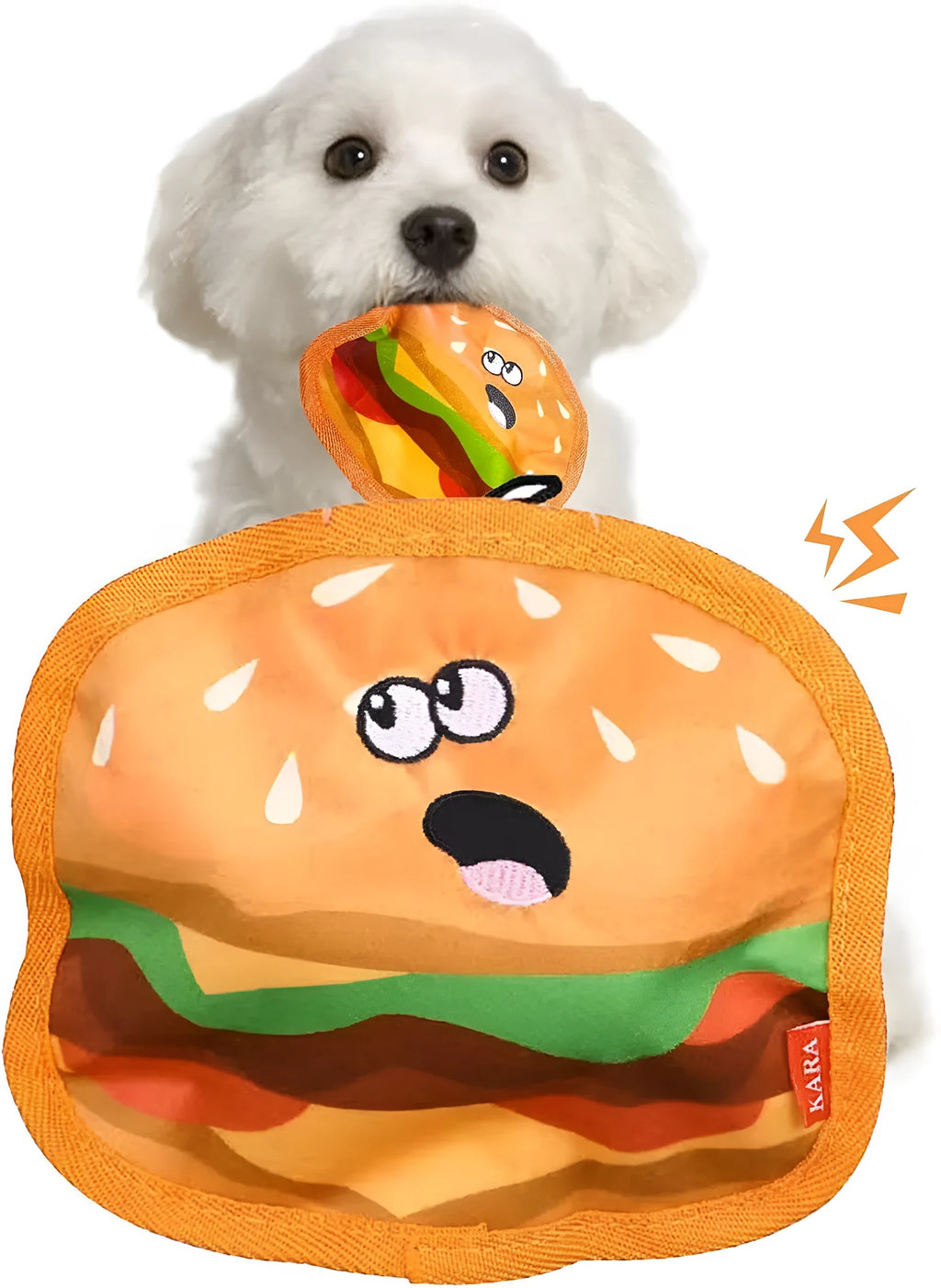 Hamburger-shaped crinkle and squeaky dog toy with vivid colours