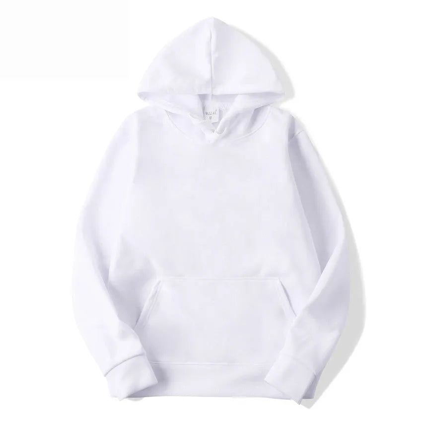 White cotton blend pullover hoodie with a hood, shown on a hanger.