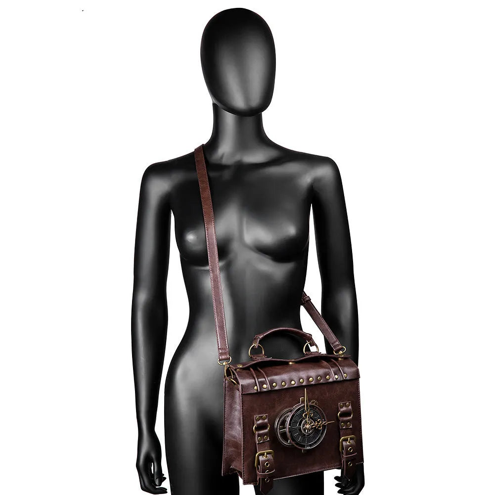 Bronze steampunk industrial retro shoulder bag with metal accents and square pillow shape