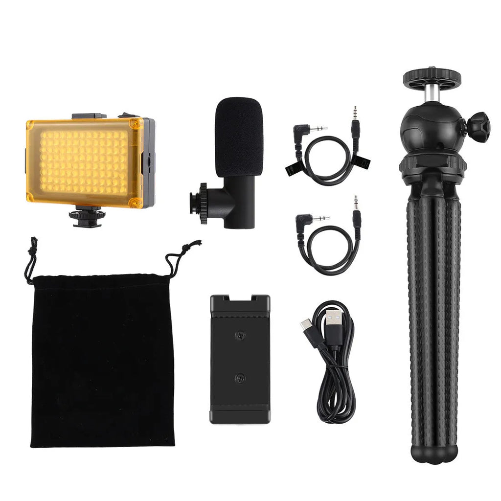 Black Octopus Yripod live broadcast kit with flexible legs, fill light, and microphone for Apple-compatible devices.