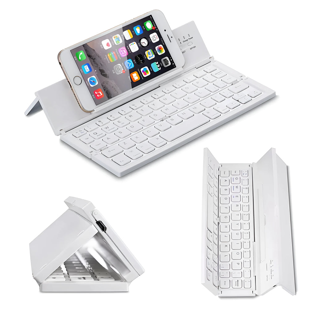 Black and white mini folding wireless Bluetooth keyboard for tablets, shown open with numeric keypad.
