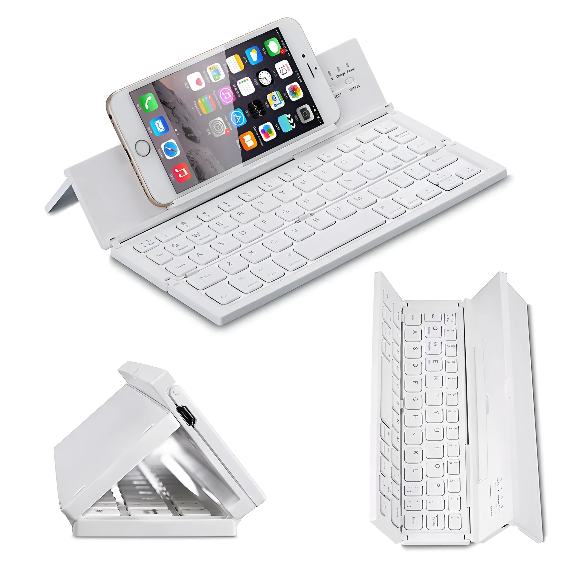 Black and white mini folding wireless Bluetooth keyboard for tablets, shown open with numeric keypad.