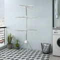 Stainless steel three-layer mobile clothes drying rack with split plastic clips.