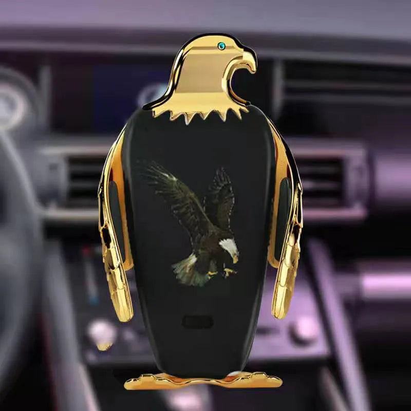 Car phone holder with wireless charging base and suction cup mount in black and gold colour with eagle design.