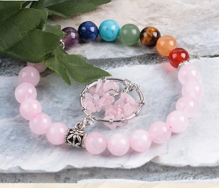 Women's seven chakras crystal beaded bracelet with 8mm powder crystal beads and copper fittings, about 18.8cm long