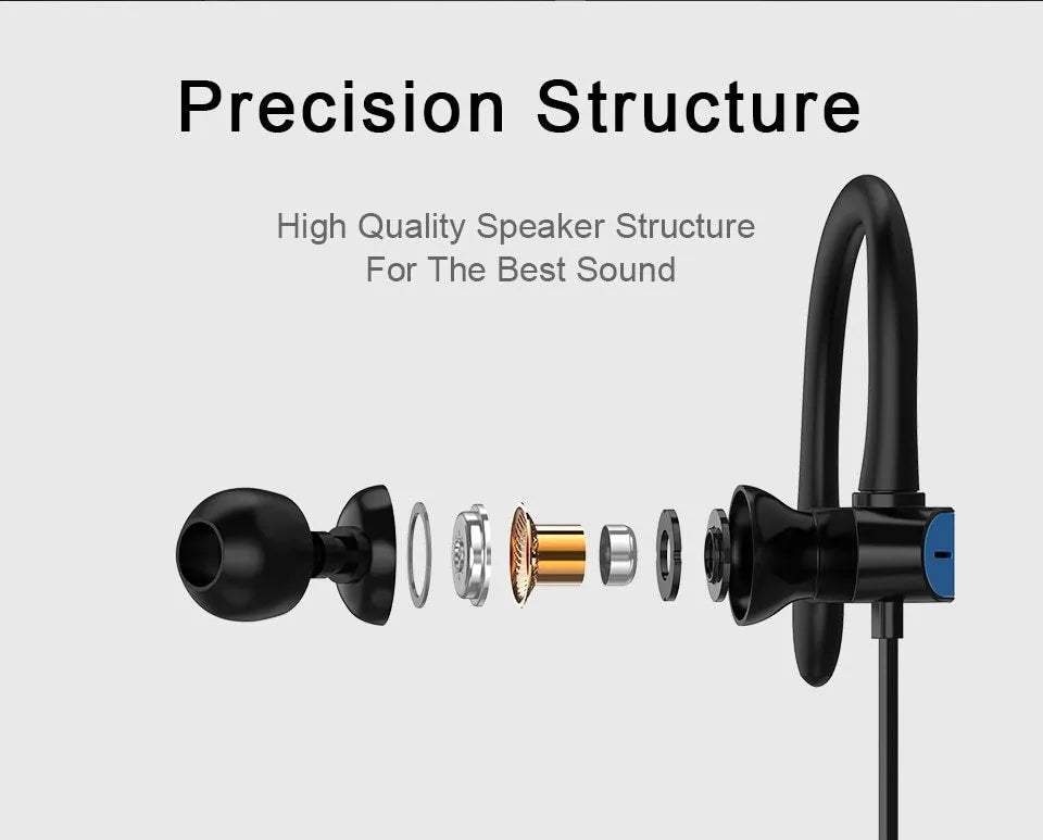 Black and blue sport ear hook earbuds with in-line microphone, shown with flexible hooks and silicone earbud tips