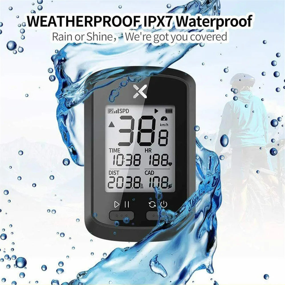 Black waterproof plastic bicycle stopwatch with digital display mounted on bike handlebars.