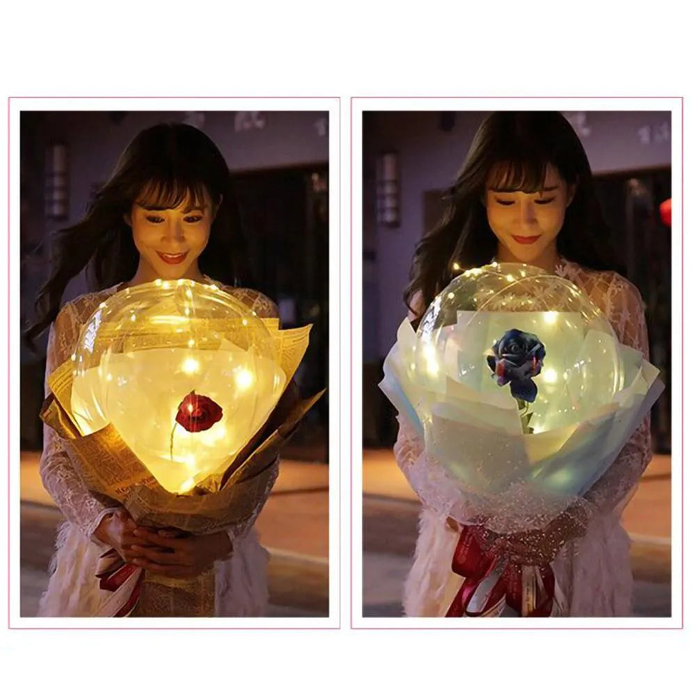 Transparent LED luminous balloon rose bouquet with artificial flowers and glowing lights for DIY party decoration