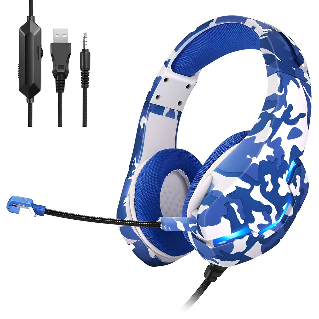 Wired camouflage gaming headset with microphone on a braided cable, shown in blue and white colour options.
