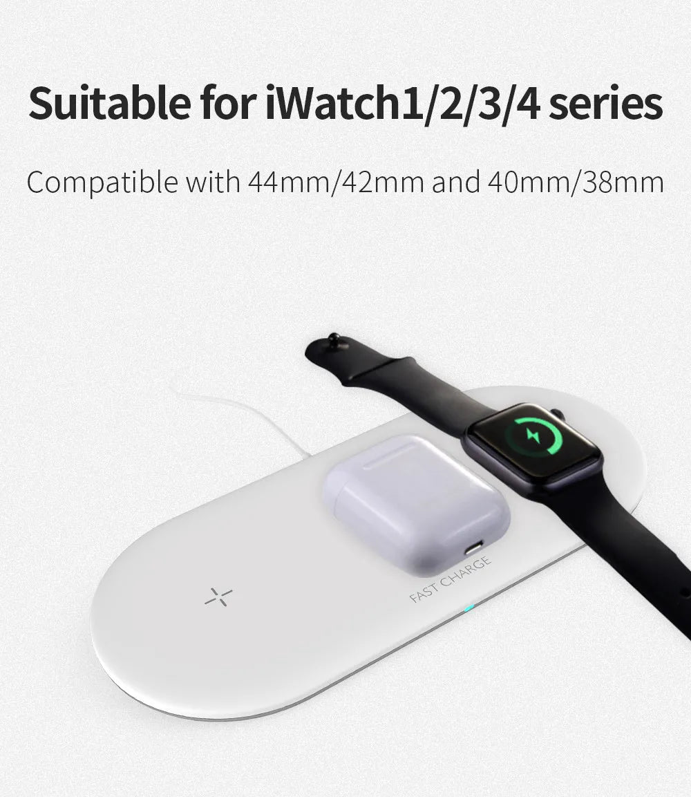 A black three-in-one desktop wireless charging station for an iPhone, an Apple Watch, and wireless headphones.