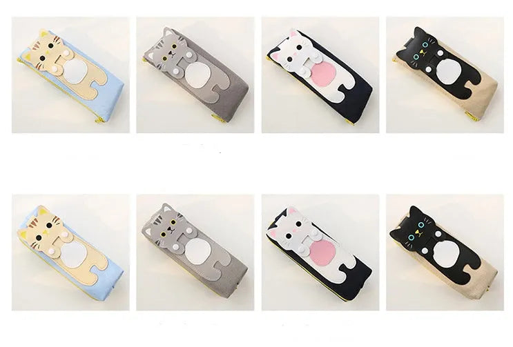 Cat cartoon canvas pencil case, square zipper pouch, 20x8cm, in blue beige grey or black