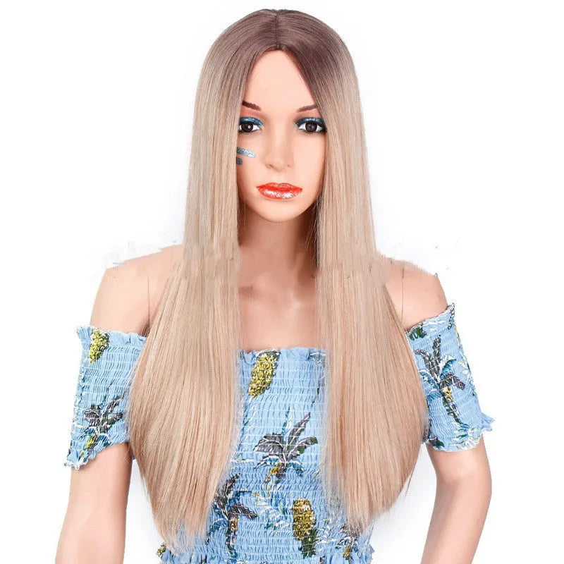 Long straight wig for women, 26 inch 65cm, mid-point bangs, high temperature wire fibre, colour as shown