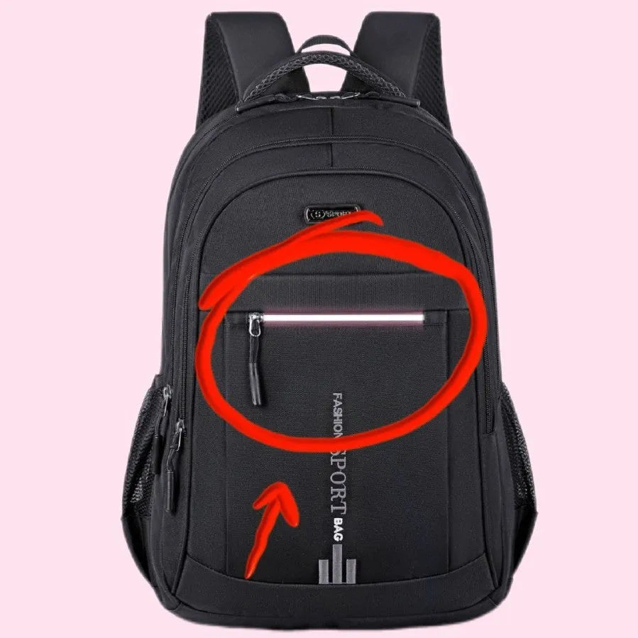 Black Oxford cloth business backpack with airpillow straps, shown open to reveal interior capacity.