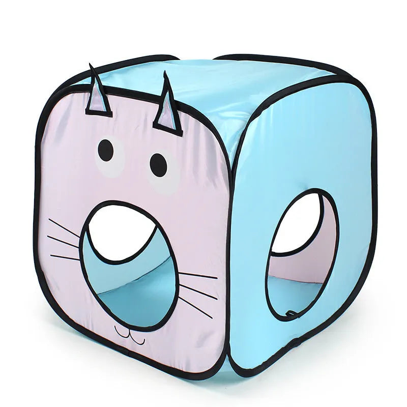 Foldable pet tent and tunnel set with cat and fish design for indoor pet play
