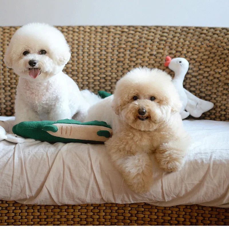 Green soft plush toy dog on white background, showing its 35 cm size.