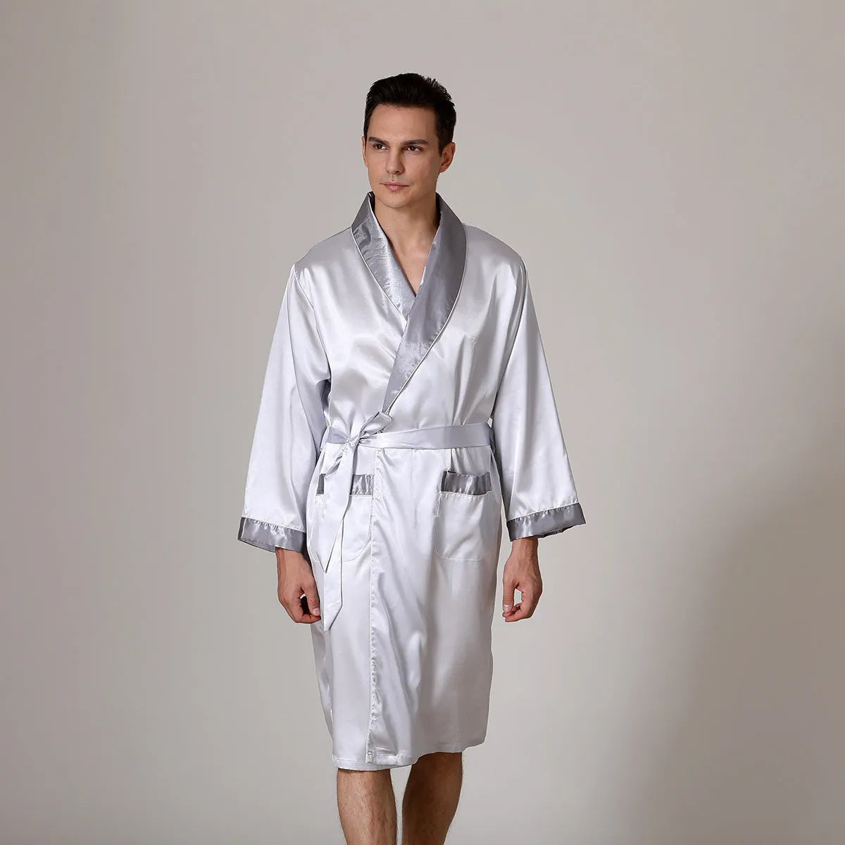 Men's summer bathrobe in rayon fabric showing colour options including stripes and collar accents
