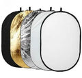 5-in-1 collapsible photography light reflector with gold, silver, white, black, translucent surfaces.