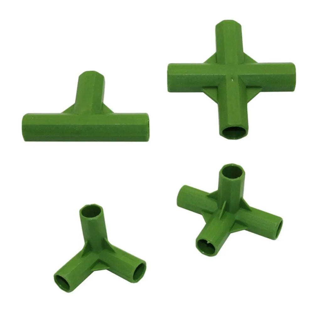 Two white plastic plant support connectors, one three-way and one four-way, for 11mm garden poles.