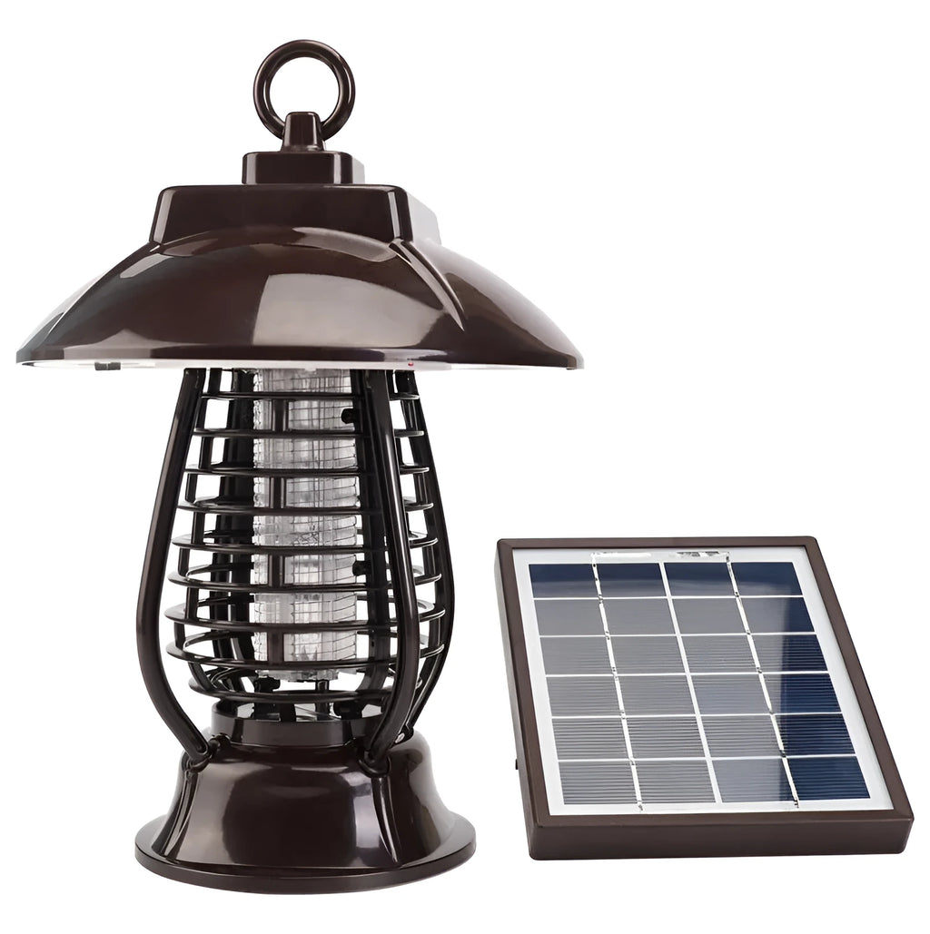 White solar-powered mosquito lamp with purple switch and LED lights for garden insect control
