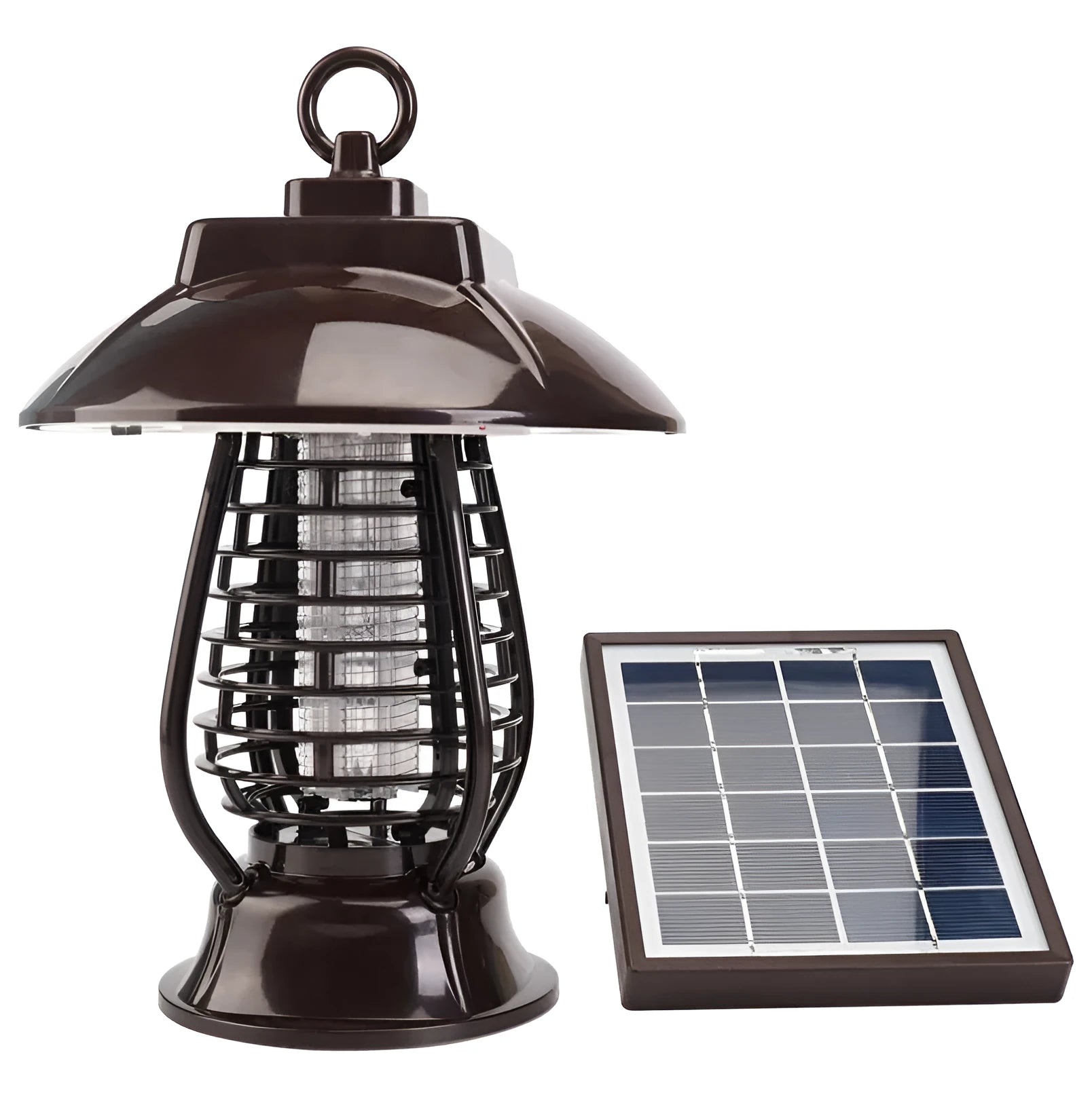 White solar-powered mosquito lamp with purple switch and LED lights for garden insect control