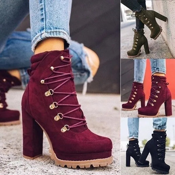 Women's suede high heel ankle boots in army green with thick heel and round toe.