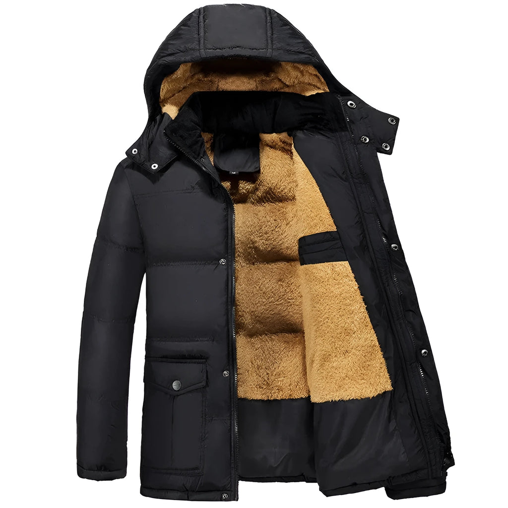 Men's black padded winter jacket with hood and double-breasted closure showing velvet lining