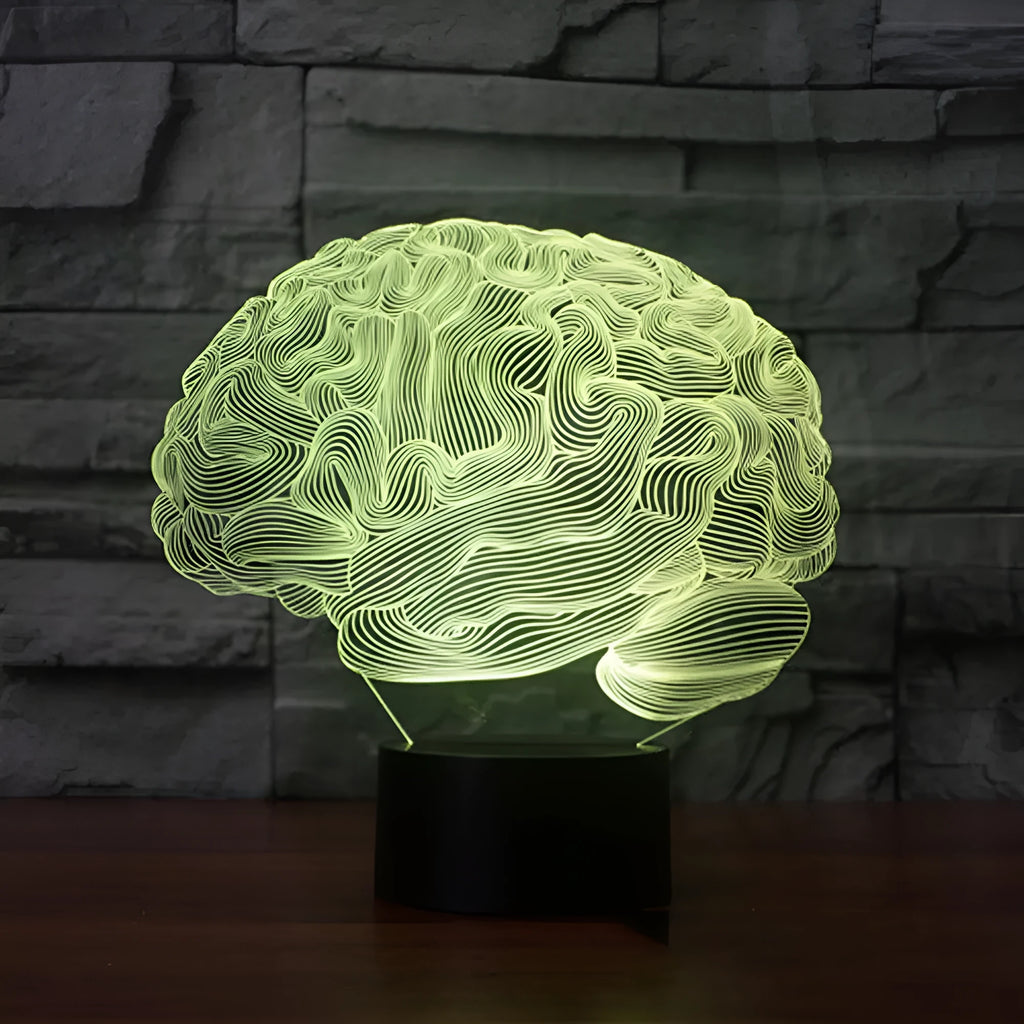3D acrylic brain illusion LED desk lamp with colour changing remote control on wooden desk