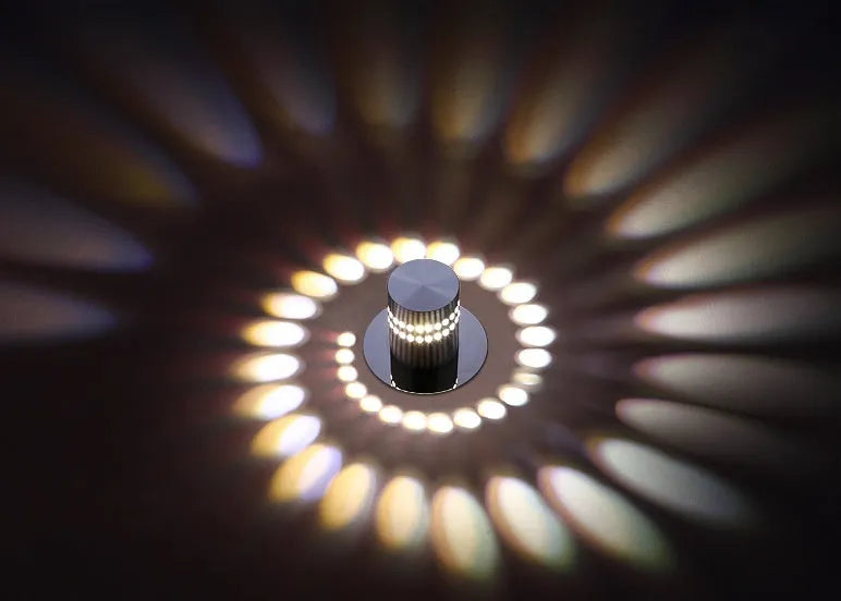 Silver LED wall light with colourful slow change, 3W, aviation-grade aluminium body, for indoor ceiling or wall mounting.