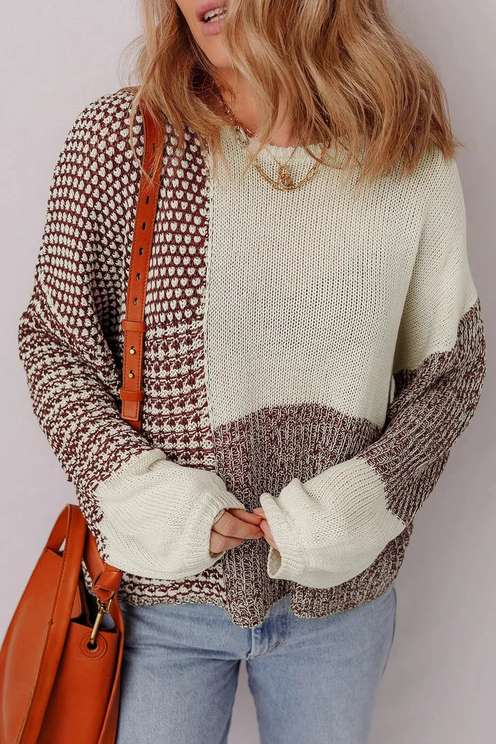 Dark khaki colour block drop shoulder loose sweater with long sleeves and a back tie detail