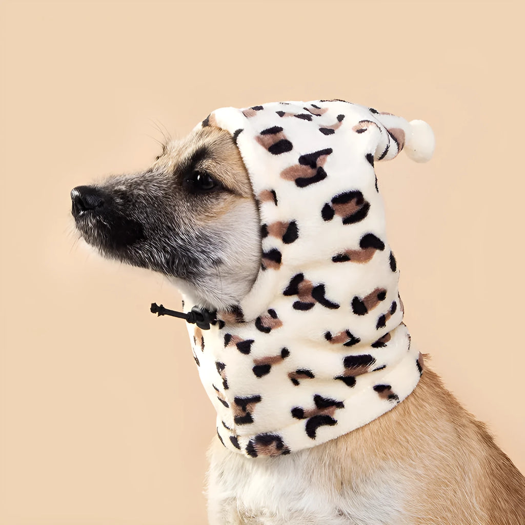 Bear-style pet headgear with rabbit ears in leopard print, black, or red colours