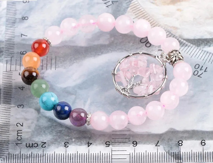 Women's seven chakras crystal beaded bracelet with 8mm powder crystal beads and copper fittings, about 18.8cm long