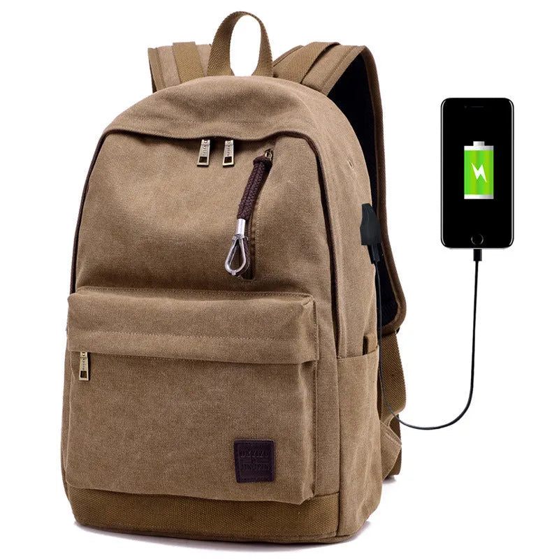 Canvas USB charging backpack in grey colour showing front pockets and shoulder straps