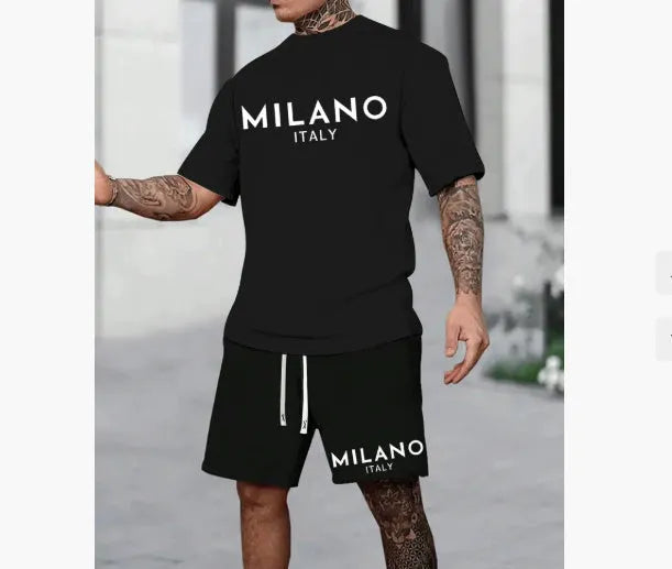 Men's casual short sleeve polyester suit set in blue colour with round neck top and matching shorts.