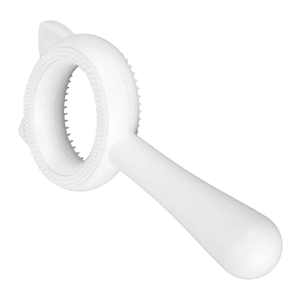 Double-sided pet grooming brush with removable deshedding comb and massage bristles in white colour