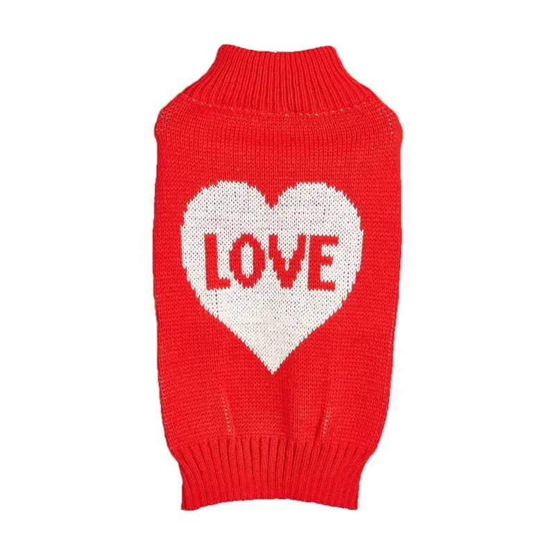 Red love heart pattern dog sweater on small canine model