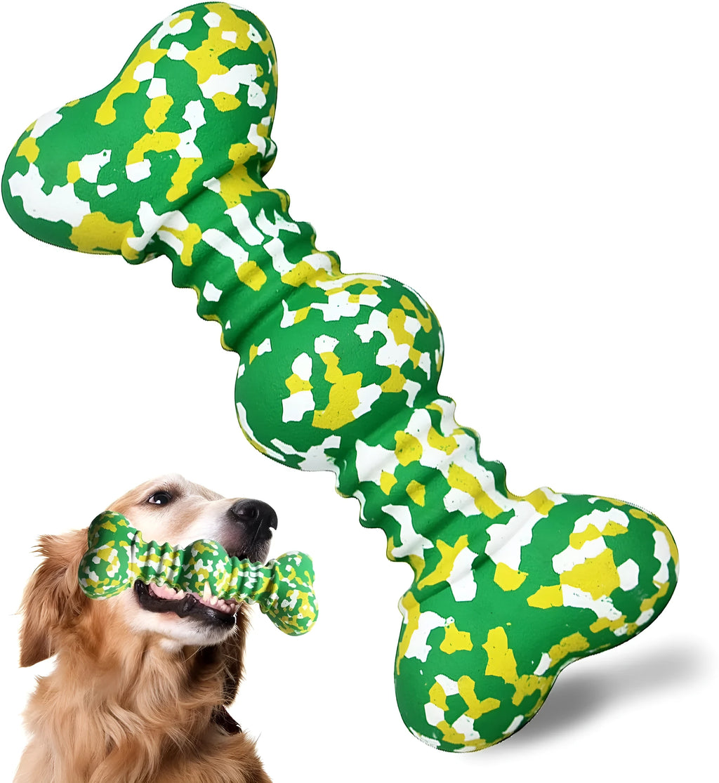 Natural rubber dog chew toy with camouflage pattern in green, white, and yellow colours