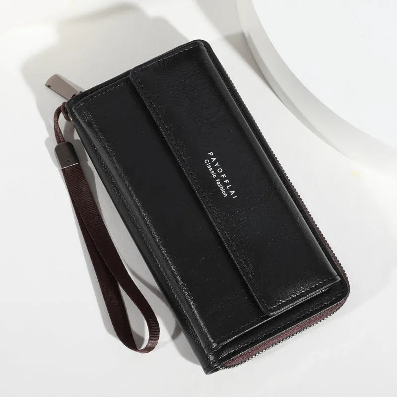 Men's black PU leather long wallet with multiple card slots, shown open and closed.