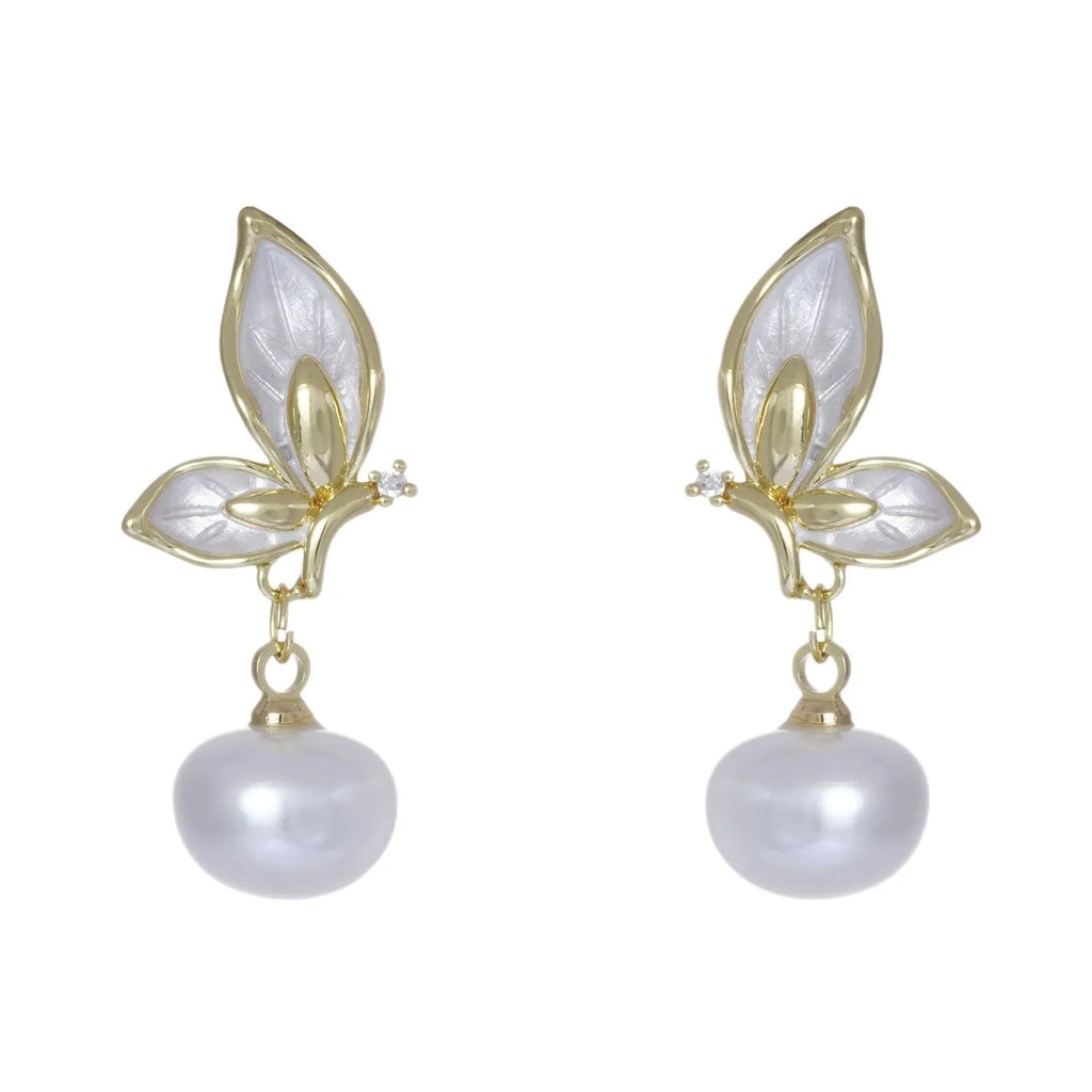 Zircon butterfly earrings with oil painting designs on electroplated copper