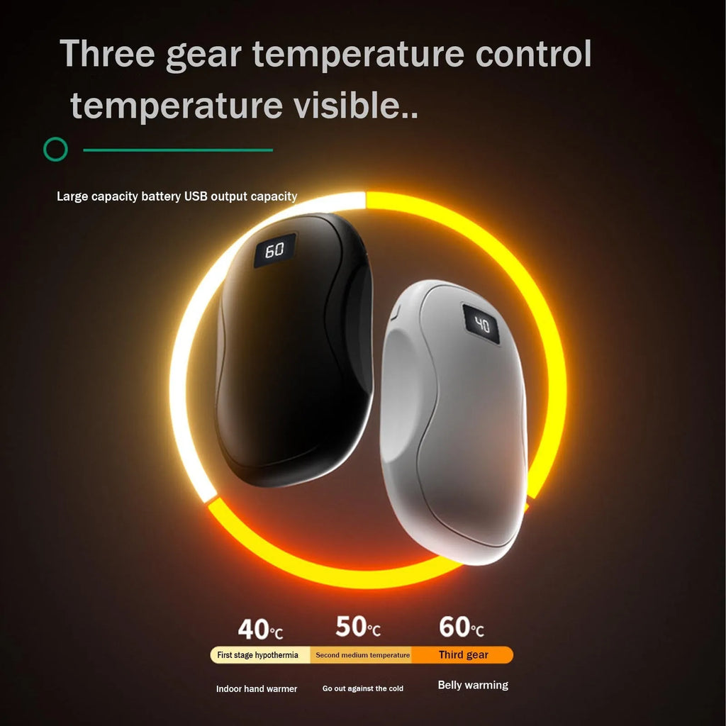 Electric hand warmer in Black, Green, Pink, or White with digital display, USB rechargeable power bank and ABS body