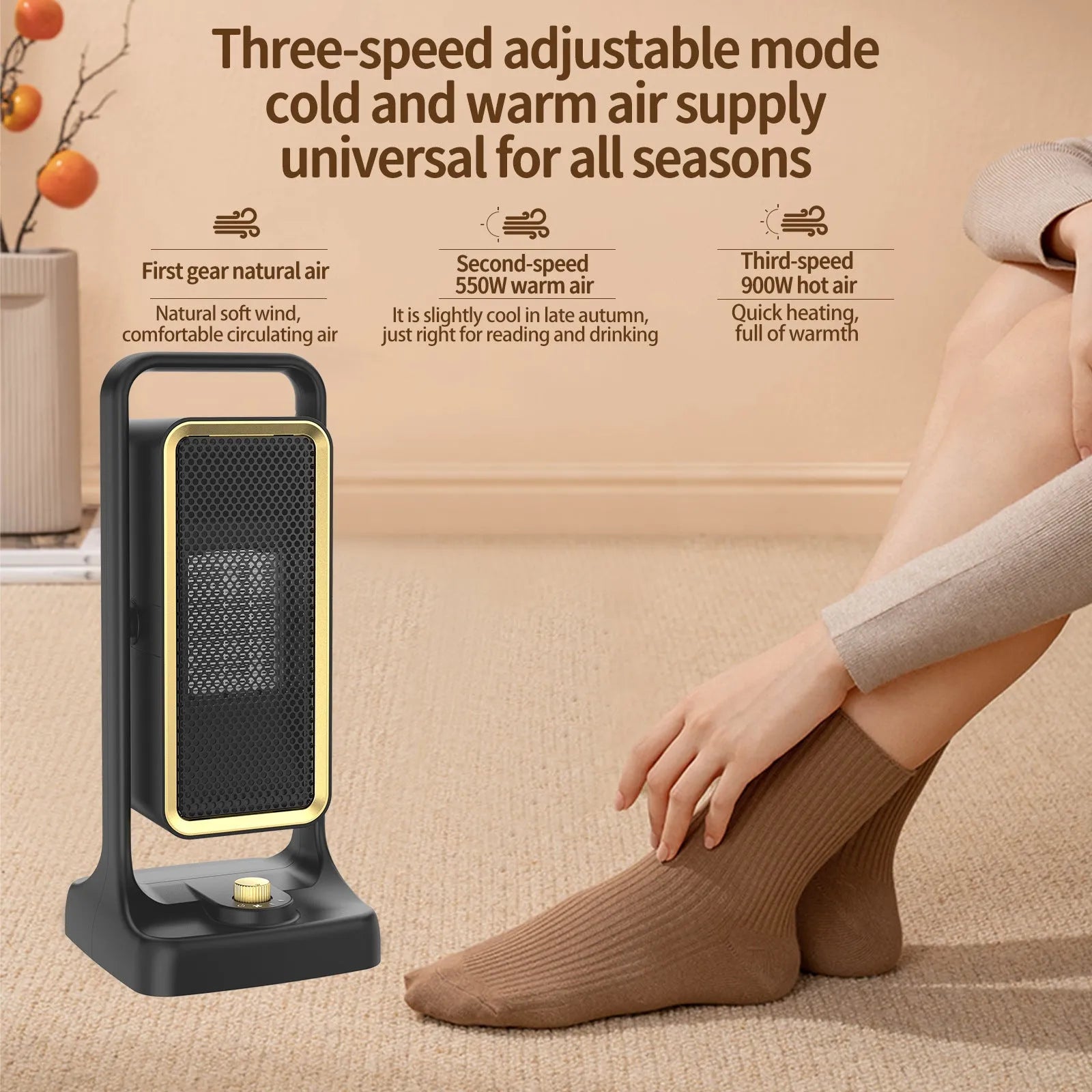 Black desktop PTC ceramic air heater with compact design and control knob