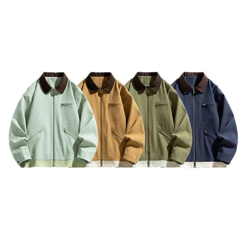 Men's Korean style retro workwear jacket with contrast lapels and side pockets