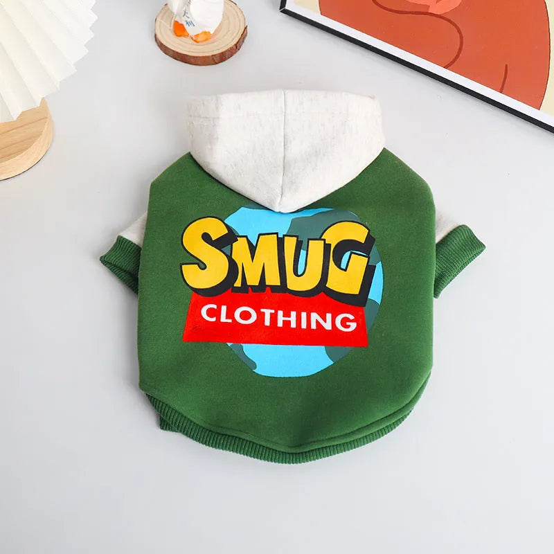 Green cotton dog coat shown on a large breed dog, sizes available from L to 4XL.