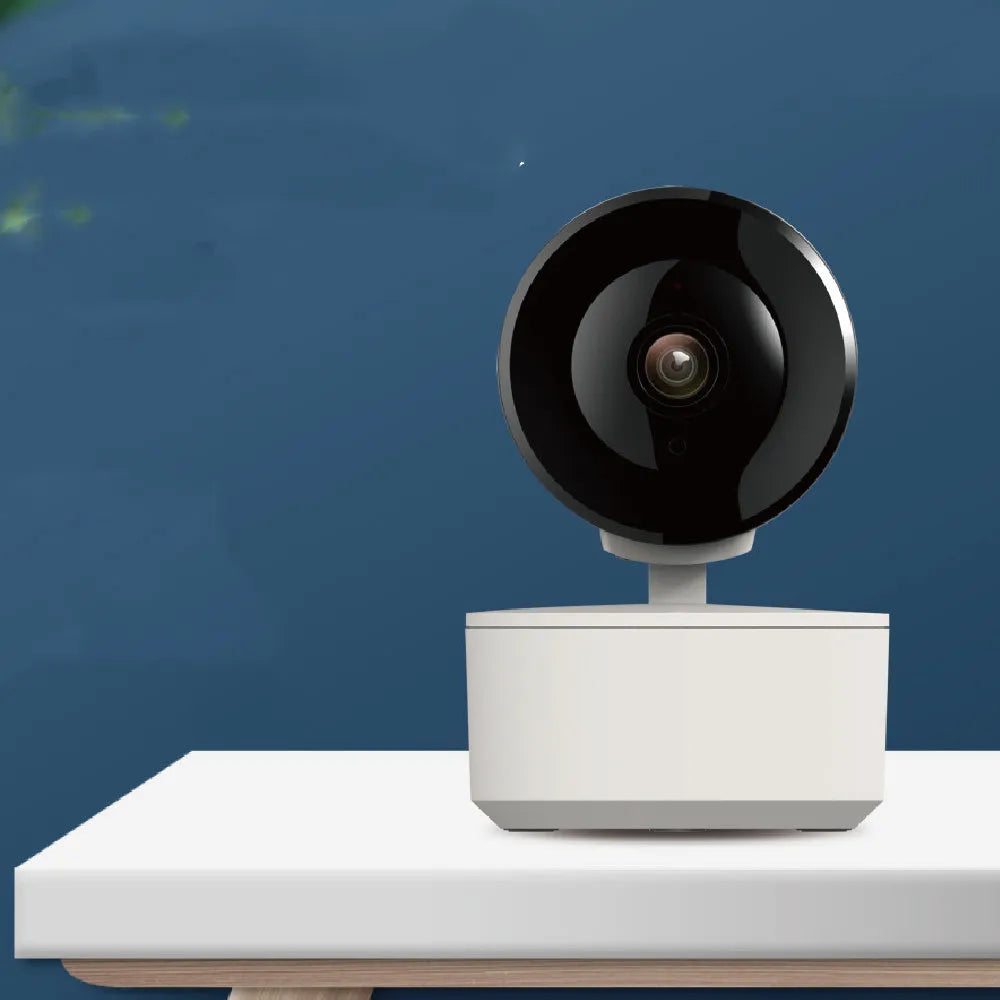 Indoor smart Wi-Fi security camera with 1080p resolution and pan-tilt-zoom mount on a white background.