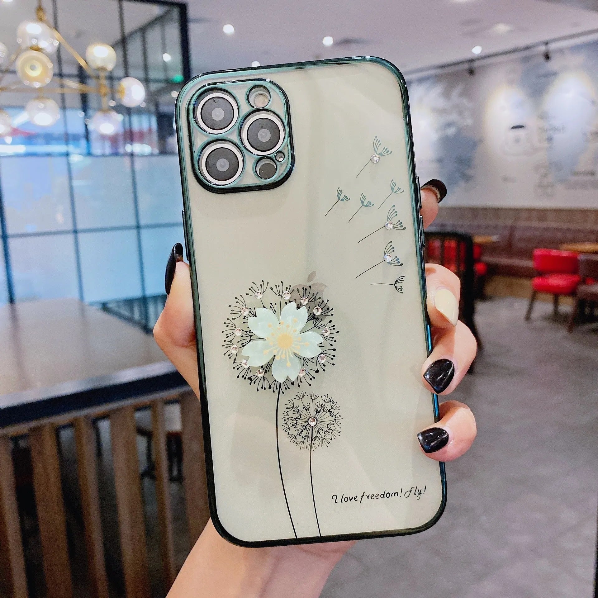 Green TPU phone case with rotating 3D flower stand holder for iPhone with built-in screen protector