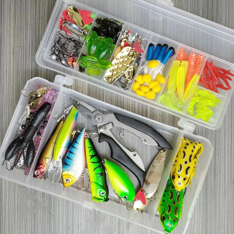 Fishing lure kit with 142 pieces including hard minnow lures, sequins, hooks, and metal fishing pliers on a blue background.