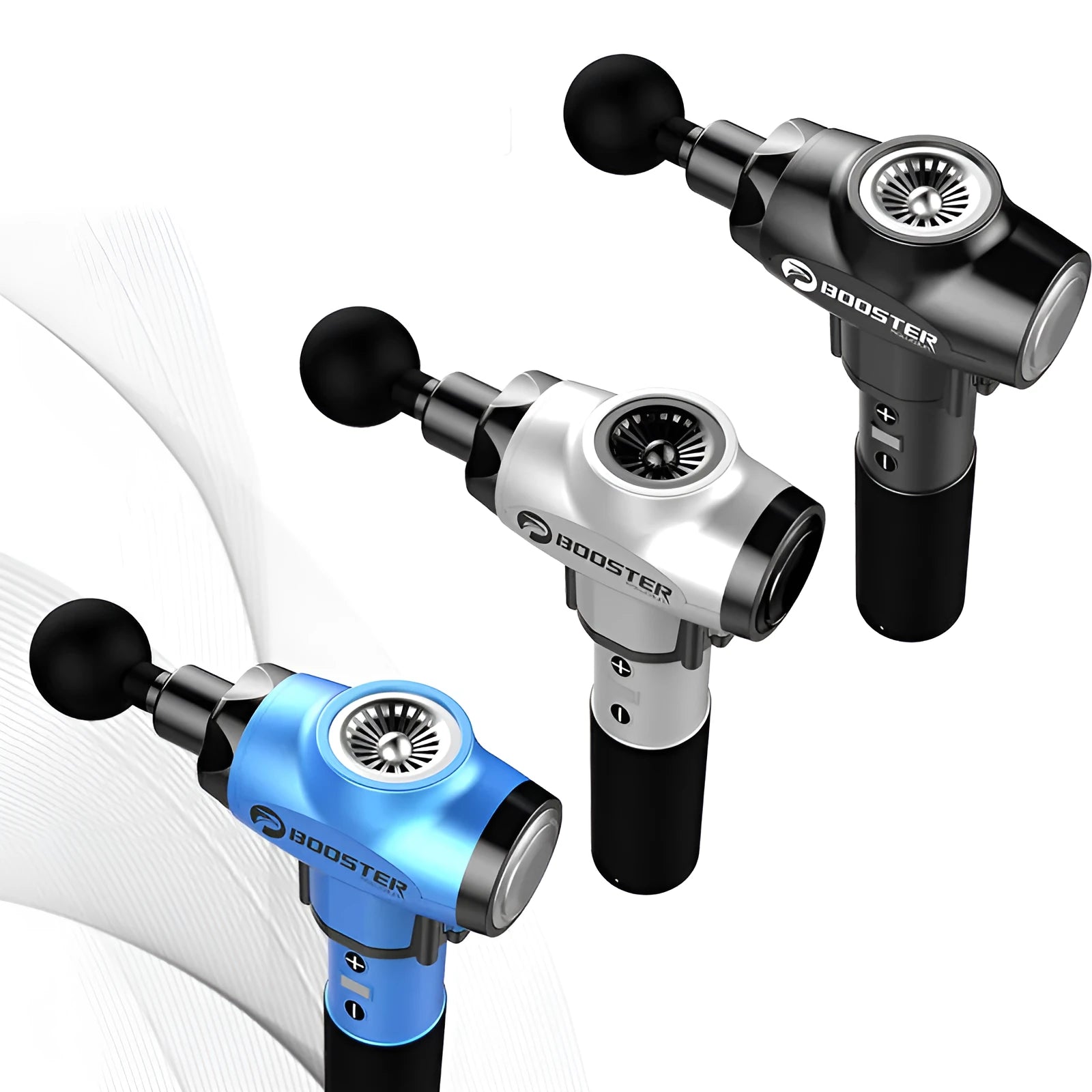 Black and white muscle massage gun with adjustable speed settings and a 12mm stroke.