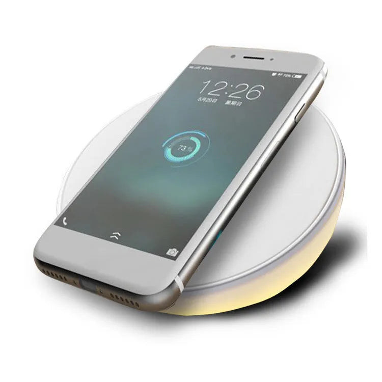 White QI wireless phone charger with clock display showing time, 10W fast charging capability
