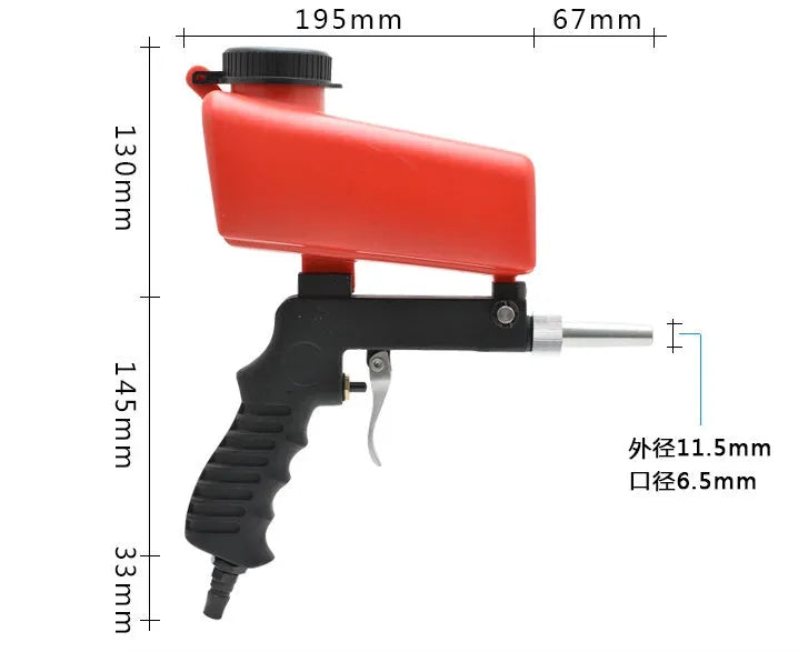 Portable pneumatic sandblasting gun with tank, shown in black or blue, for workshop surface cleaning.