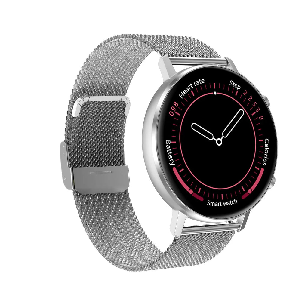 DT96 smart fitness tracker with stainless steel strap and 1.3-inch screen on a wrist