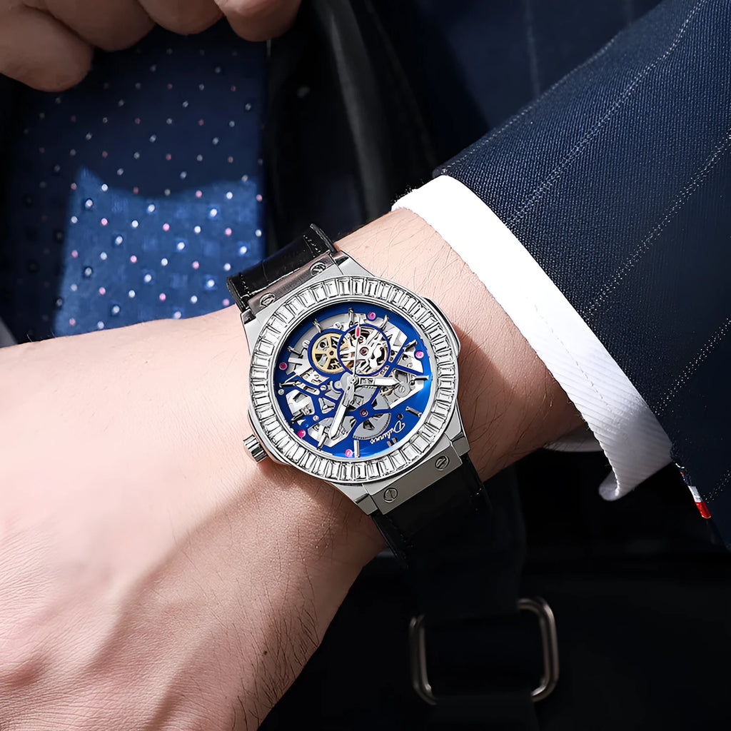 Men's automatic mechanical watch with diamond bezel and skeleton dial on white shell case.